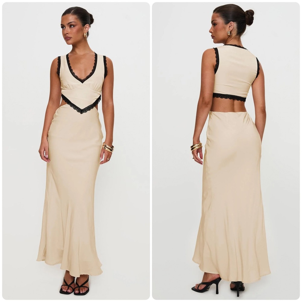 Princess Polly Womens Keila Lace Trim Cutout Romantic Maxi Dress Cream Size 4